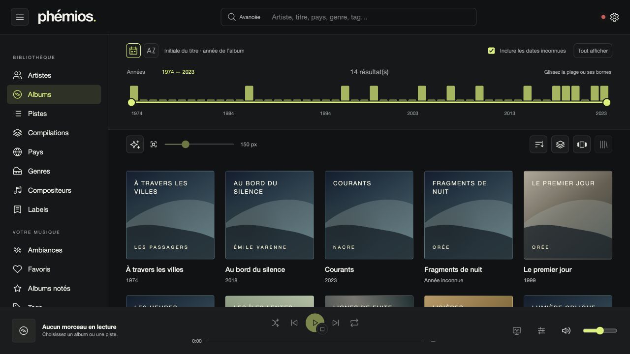 Capture de Phémios : navigation par albums, répartition par années et pochettes en grille.